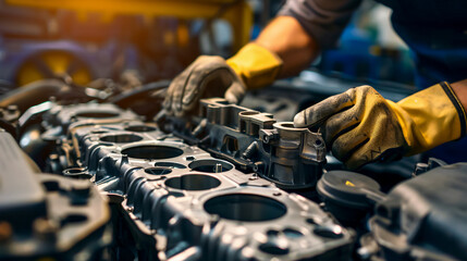 Sealing Gasket in Hand: A mechanic handling a sealing gasket while disassembling a vehicle engine, with the engine on a repair stand. The scene highlights the technical aspects 