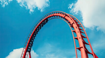 Red Rollercoaster Track Ascending Against Blue Sky with White Clouds