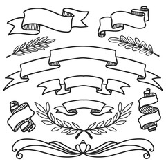 Decorative set featuring blank ribbon banners in various shapes, along with leaf accents and classic ornaments. Ideal for labels, vintage designs, and adding an elegant touch to project