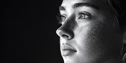 A Moment of Reflection: A young woman's gaze is captured in black and white, her freckled face illuminated by a soft light, showcasing raw emotion and introspective thought. 