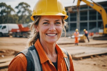 Close portrait of a smiling 40s Australian woman construction worker looking at the camera, Australian outdoors construction site blurred background