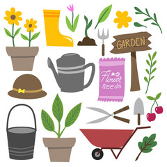 Colorful gardening supplies illustration: flower pots, watering can, shovel, wheelbarrow, boots, hat, and plants. Perfect for garden-themed designs and nature-inspired decor