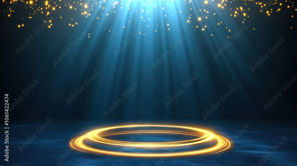 Poster a glowing circular light effect with beams and sparkles, creating a mystical atmosphere.