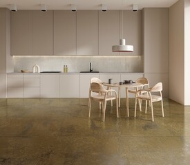 kitchen interior with beige bar island on hardwood floor. Cooking corner with shelves and kitchenware, panoramic window on tropics. Dinning table and chairs. Aesthetic decor. Mockup. 3D Rendering