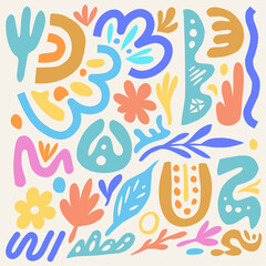 Colorful abstract doodle illustration featuring vibrant floral and natural shapes. Perfect for modern design, packaging, or decor. Adds a playful and artistic touch with its mix of bright pastel tones