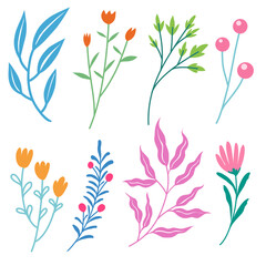 Floral illustration set include stylized botanical elements with flowing and organic shape, perfect use in graphic design, fabric pattern, invitations, and many more