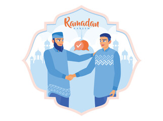Two Muslim men smile at each other and shake hands. Celebrating victory day. Ramadan Kareem concept. Flat vector illustration.