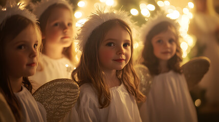 Fototapeta premium A group of children dressed as angels during a Christmas pageant at a local church.