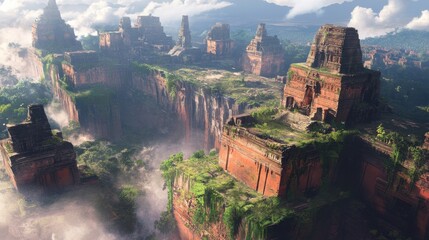 Fototapeta premium Majestic Ruins Amidst Cascading Waterfalls and Lush Foliage