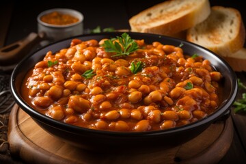 Delicious traditional english breakfast featuring eggs, bacon, baked beans, and toast