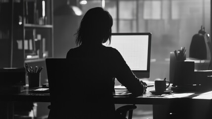 Silhouette of a Person Working at a Desk in a Dark Office