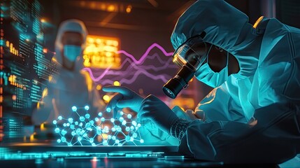 Scientist in Protective Gear Examining a 3D Molecular Structure on a Laptop