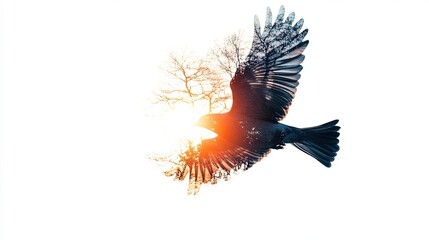 Silhouette of a Bird in Flight with Overlapping Tree Branches