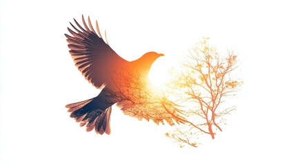 Obraz premium A Double Exposure Image of a Bird in Flight Overlapping a Tree Branch