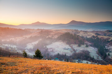 Natural morning picture in the mountains with fresh frosty air and soft sunlight. Carpathian mountains, Ukraine, Europe.