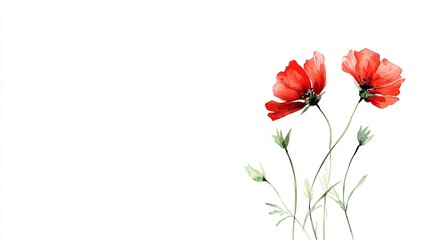 A Delicate Touch: A Single Small Red Wildflower in Watercolor on a Pristine White Background