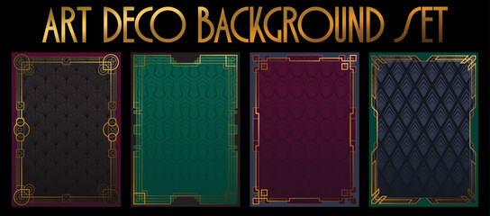 Art Deco Background Set. 1920s - 1940s Style Vector  Templates for Retro Party Posters, Covers, Illustrations. Golden Frames, Geometric Repeated Patterns