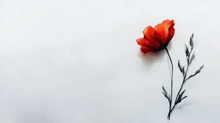 A Delicate Touch: A Single Small Red Wildflower in Watercolor on a Pristine White Background