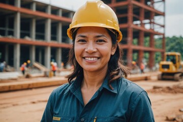 Close portrait of a smiling 40s Bruneian woman construction worker looking at the camera, Bruneian outdoors construction site blurred background