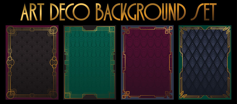 Art Deco Background Set. 1920s - 1940s Style Vector  Templates for Retro Party Posters, Covers, Illustrations. Golden Frames, Geometric Repeated Patterns