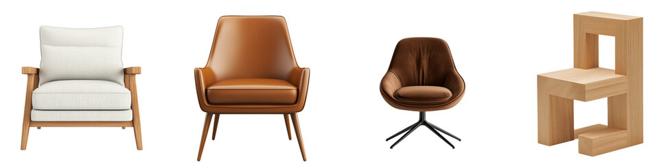 Fototapeta premium Four distinct chairs showcasing modern designs and materials, featuring various colors and textures.