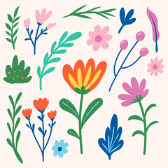 Bright and vibrant floral illustrations with a mix of flowers and leaves, perfect for summer and spring-themed designs. Ideal for invitations, cards, and nature-inspired projects