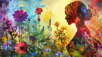 Art collage of wildflowers and a woman on a colorful background.