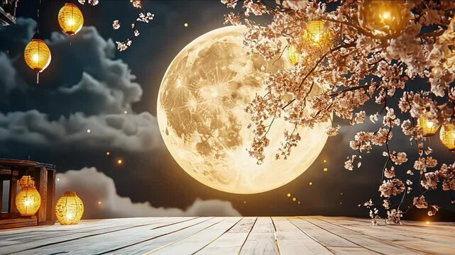 Traditional Lunar New Year 2025 with glowing lanterns, a full moon, and ornate gold patterns framing a festive scene