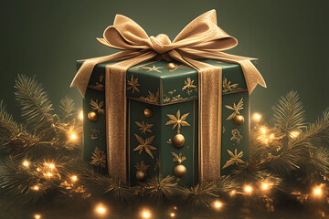  A black background with hints of festive decor, including a dark green gift box and a golden bow in the middle, making for a classy Christmas card.