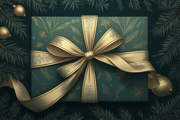  A festive dark green box with a gold bow sets against a cozy winter scene, capturing the warm spirit of the holidays.