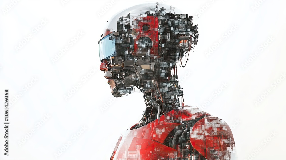 Poster profile of a red and grey abstract robot