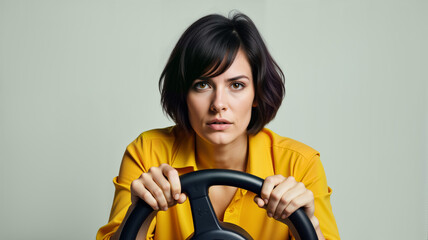 This striking image features a focused woman gripping a steering wheel, conveying determination and concentration. Perfect for automotive ads, driving courses, and personal empowerment campaigns