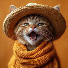 Cute Cat Wearing a Sombrero Hat with an Open Mouth Isolated on an Orange Background – Studio Shot

