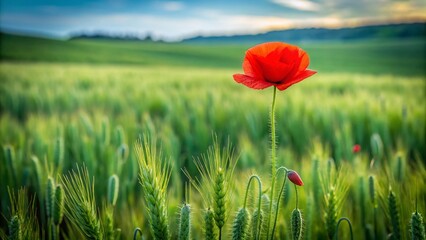 Obraz premium Isolated Red Poppy Flower in Green Crop Field - Urban Exploration Photography, Nature, Wildflower, Landscape, Isolated Beauty, Nature Photography, Agricultural Serenity, Floral Contrast