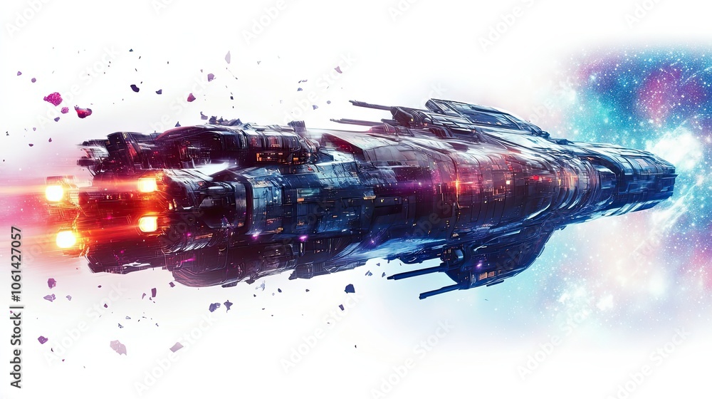 Poster futuristic spaceship flying through a nebula with glowing engines