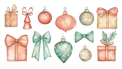 A collection of festive gifts and ornaments in soft watercolor style, ideal for holiday-themed designs and decorations.