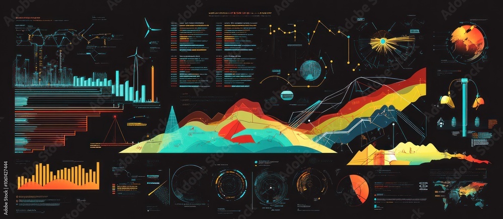 Aufkleber futuristic digital interface with data visualizations, charts, and graphs on a dark background.