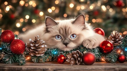 cat and christmas tree, realistic, photo, warm, commercial photography