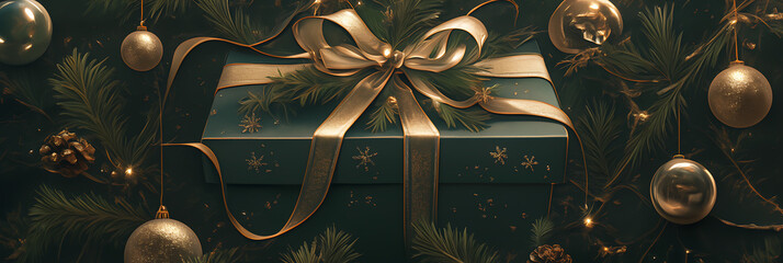 Black festive background with a luxurious dark green gift box tied with a golden bow, framed by soft holiday shadows, banner.