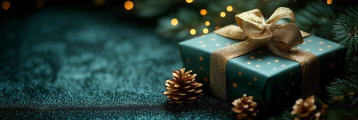 Minimalist design with a dark festive background, featuring an empty space on the left and a gift box with Christmas tree branches on the right. Banner.