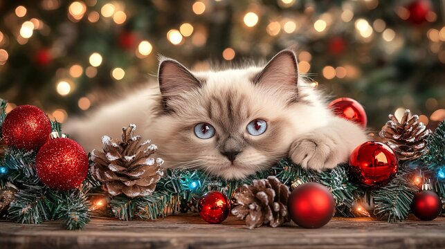cat and christmas tree, realistic, photo, warm, commercial photography