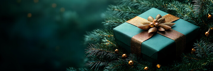 Holiday banner with ample space on the left for a New Year greeting, accompanied by a festive gift box and shadows.