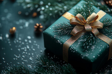 A gift box with a shiny golden bow placed to the right side, leaving the left side empty for holiday greetings or New Year's wishes.