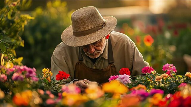 An elderly man in a hat takes care of flowers in his home garden