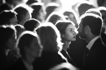 Obraz premium A black-and-white image of a crowd, focusing on two individuals engaged in a moment.