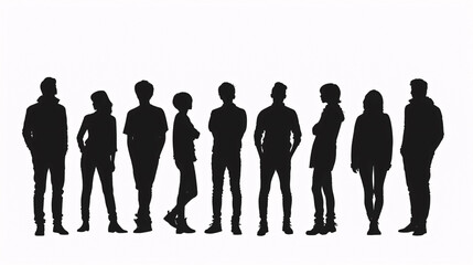 Silhouette of a group of people standing together against a white background.