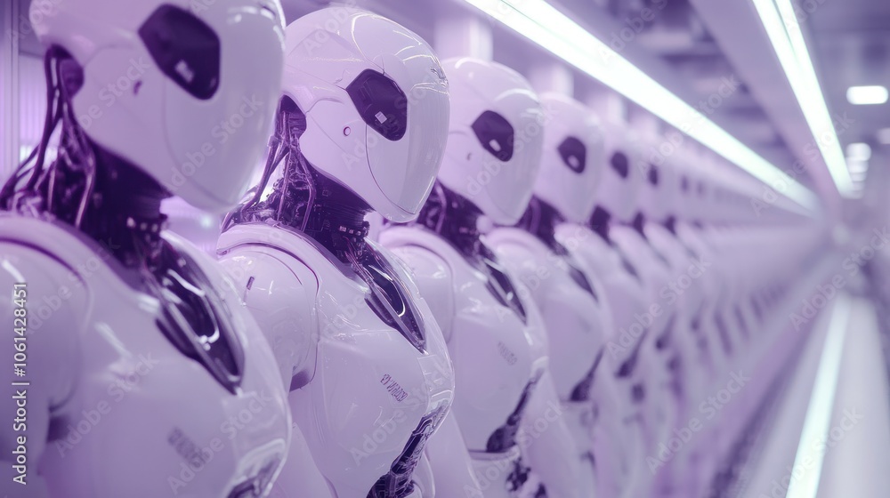 Poster a row of humanoid robots in a futuristic, illuminated setting.