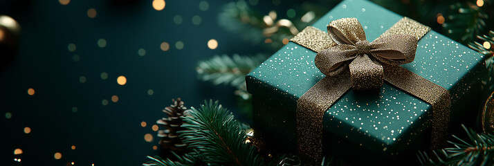 Close-up of a dark green gift box tied with a golden bow, surrounded by delicate shadows and hints of evergreen branches, banner.