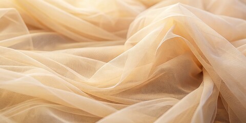 Obraz premium Light Smooth Beige Tulle Fabric Background - Macro Photography for Textiles, Softness, Elegance, Drapery, Fashion, Textures, Backgrounds, Minimalist, Neutral Colors, Fabric Details, Close-up Shot,