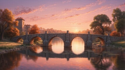 Obraz premium Historic stone bridge over a calm river at sunset with reflections and lush trees